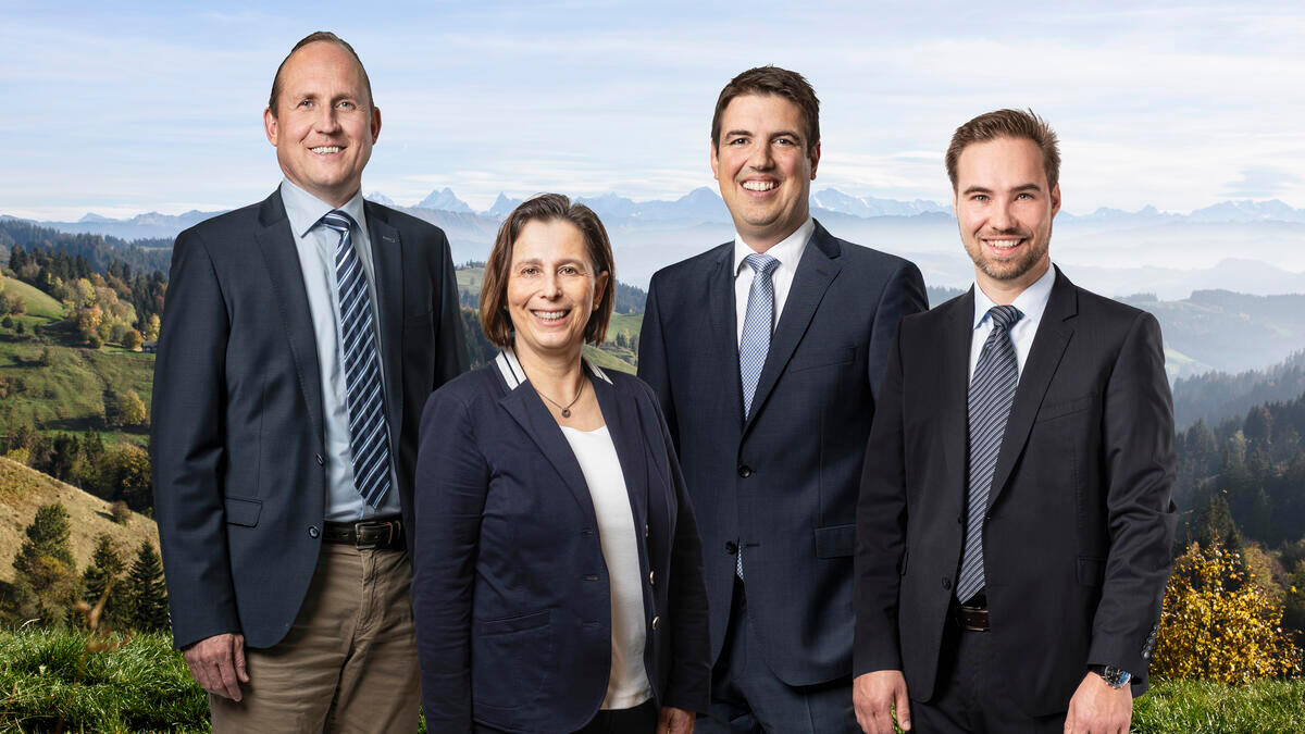 Geschäftsleitung der Bernerland Bank, v.l.n.r: Michael Elsaesser, Bettina Wüest, Alexander Bläsi, Remo Fricker  